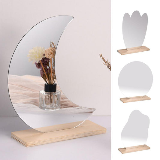 Miroir de courtoisie en acrylique sans cadre en forme de lune avec support en bois